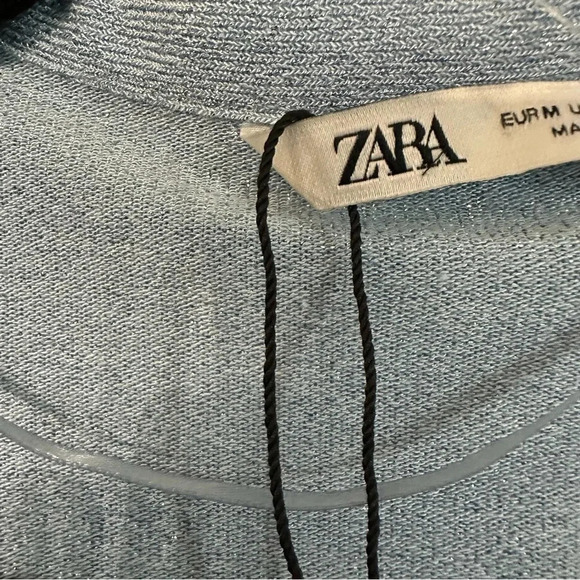 Zara Button Front Ruched Cutout Long Sleeve Light Blue Sparkle Top Size M NWOT - Picture 7 of 9